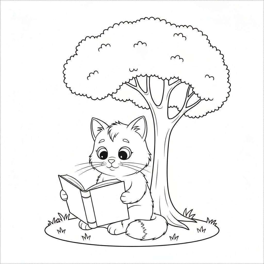 Cat reading under a tree coloring page